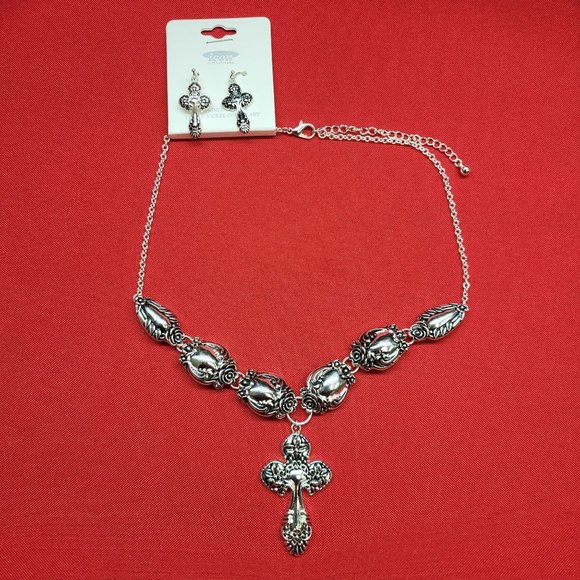 Icon Collection Silver Tone Cross Necklace & Earrings Set - Picture 6 of 12